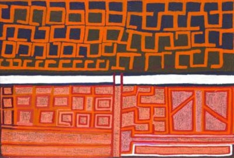 Boxer Milner’s Untitled (2003), with orange and red geometric grids arranged above and below a strong horizontal white band, filled with dense dotting in dark blue, brown, pink and red.