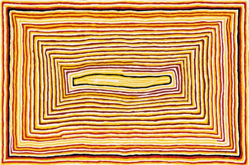 Tjumpo Tjapanangka Untitled 2001, with closely spaced rectangular bands of red, yellow, white and black surrounding an elongated central yellow form