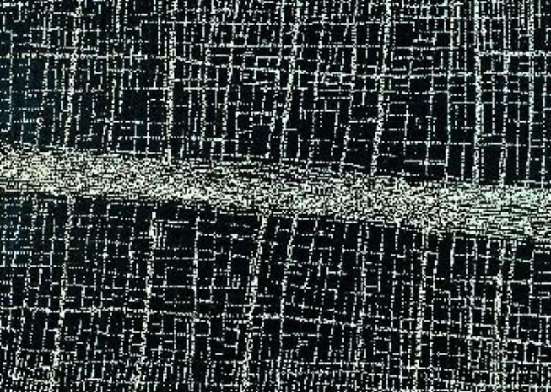 Dorothy Napangardi Salt on Mina Mina 2000 acrylic on linen featuring a luminous horizontal band of salt crossing a dense black field of finely dotted white grids.