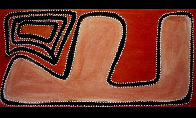 Rover Thomas ochre painting with a large pale pink angular form and nested black geometric shapes outlined with rows of white dots on a red ground.