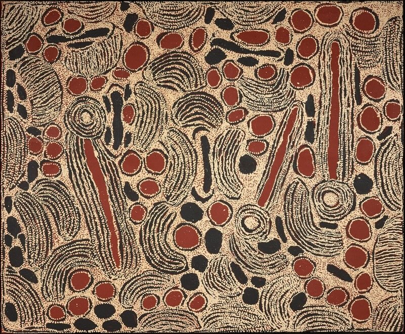 Ningura Napurrula painting of Wirrulnga with concentric rockhole forms, elongated linear motifs and red, black and white designs representing women’s Country and ceremonial narratives.
