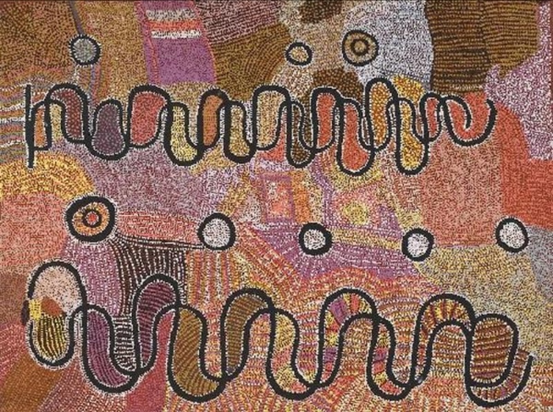 Maggie Watson Napangardi painting with long black-edged looping vine forms crossing dense fields of pink, ochre, brown and white dots, with circular motifs representing desert oaks and ceremonial poles.