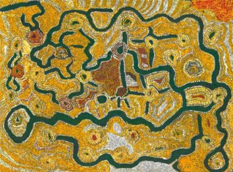 Wimmitji Tjapangarti's Untitled, 1990, with broad dark green pathways winding between circular sites and densely dotted yellow, ochre, white and red areas of Country.