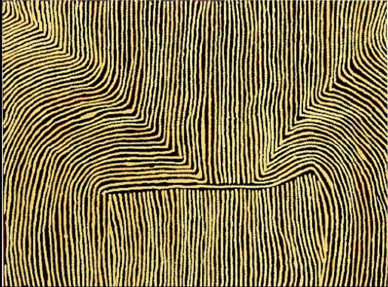 Tjumpo Tjapanangka Untitled (Tjamu Tjamu), with dense wavering yellow lines on a black ground bending around large geometric forms and a central horizontal boundary.