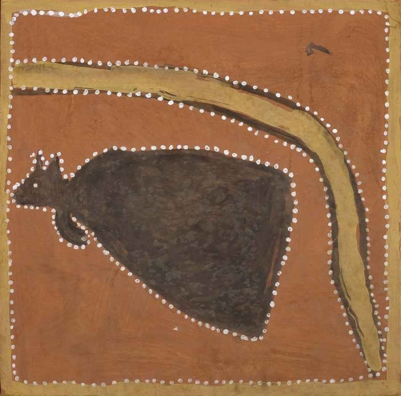 Tawurr the Kangaroo at Kanmanturr by Paddy Jaminji, 1987, depicting the ancestral “half-one” kangaroo associated with Elgee Cliffs on Bedford Downs Station