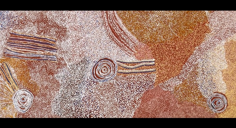 Rockholes and Country Near the Olgas 2007 by Bill Whiskey Tjapaltjarri, depicting rockholes and ancestral landscape around Pirupa Akla near Kata Tjuta.