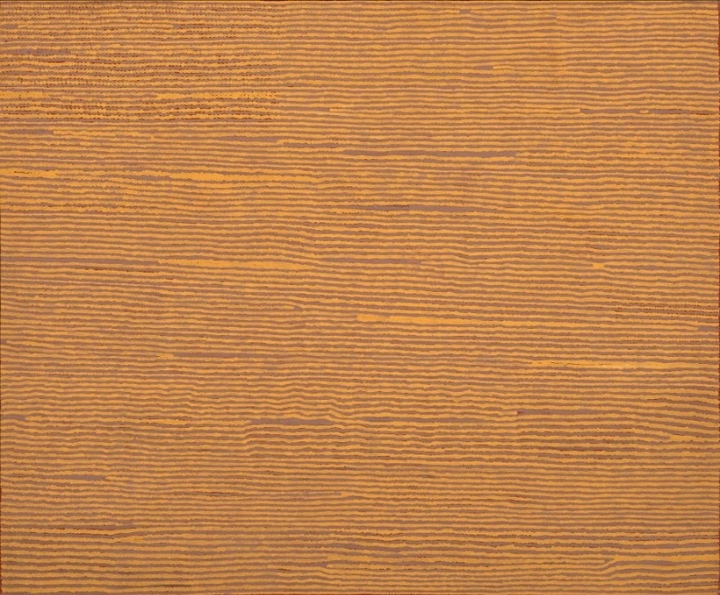 Turkey Tolson Tjupurrula Straightening Spears 2000 Aboriginal painting with finely painted horizontal dotted bands in ochre and brown representing the ceremonial straightening of hunting spears.