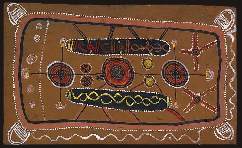 Ronnie Tjampitjinpa’s Ceremonial Dreaming (1972), an early Papunya painting with three large concentric circles, connecting lines, elongated ceremonial forms and dotted geometric motifs in red, yellow, white and black on an ochre ground.