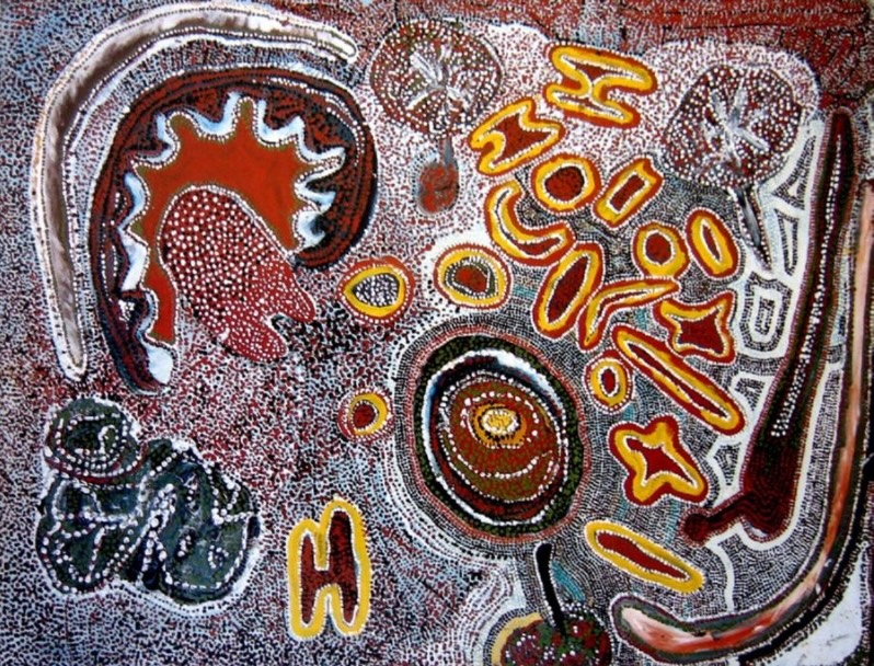 Wimmitji Tjapangarti's Kutakutal, with dense white dotting, concentric circles, elongated forms and bold red, yellow, black and ochre shapes representing his birthplace Country near Well 33.