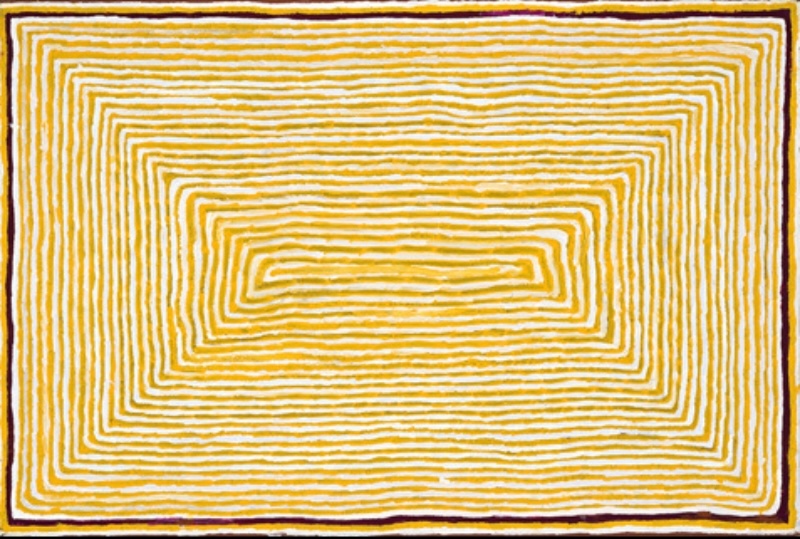 Tjumpo Tjapanangka Wilkinkarra 2006 painting, with closely spaced yellow and white parallel lines forming a large rectangular pattern around an elongated central shape.