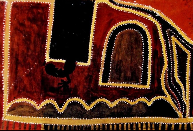 Devil Devil Springs by Paddy Jaminji, c. 1985, an East Kimberley painting in natural earth pigments and bush gum on plywood.