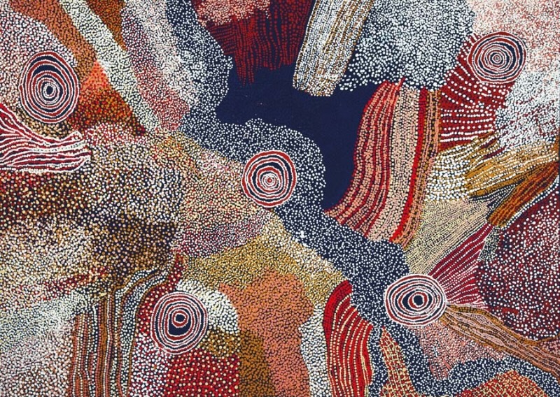 Country and Rockholes Near the Olgas 2006 by Bill Whiskey Tjapaltjarri, depicting rockholes and White Cockatoo ancestral Country near Kata Tjuta.