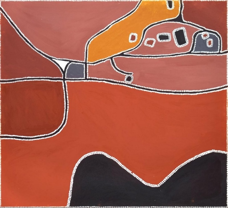 Freddie Timms Bow River 1999, Aboriginal ochre painting of Bow River Station in red, brown, yellow and black with white dotted outlines