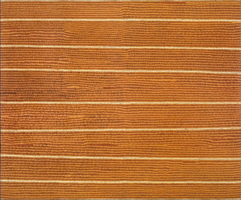 Turkey Tolson Tjupurrula Straightening Spears 1999 Aboriginal painting with broad horizontal bands of fine dotting separated by pale ceremonial lines in warm desert ochres.