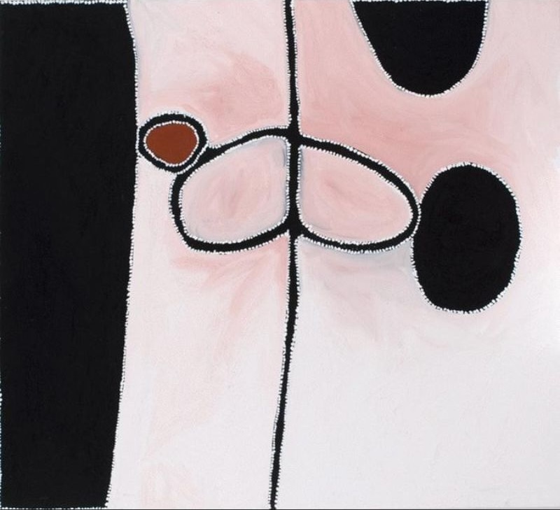 Abstract East Kimberley painting by Paddy Bedford with soft pink and white fields divided by bold black forms, featuring a central connected motif and sparse black oval shapes outlined with white dots.