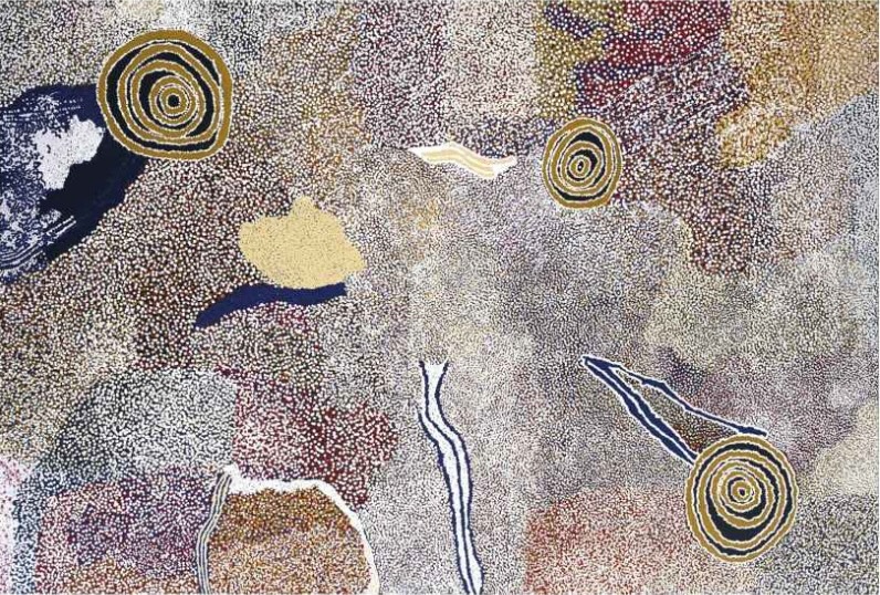 Rockholes Near the Olgas 2007 by Bill Whiskey Tjapaltjarri, showing three concentric rockholes across an expansive field of densely dotted ancestral Country.