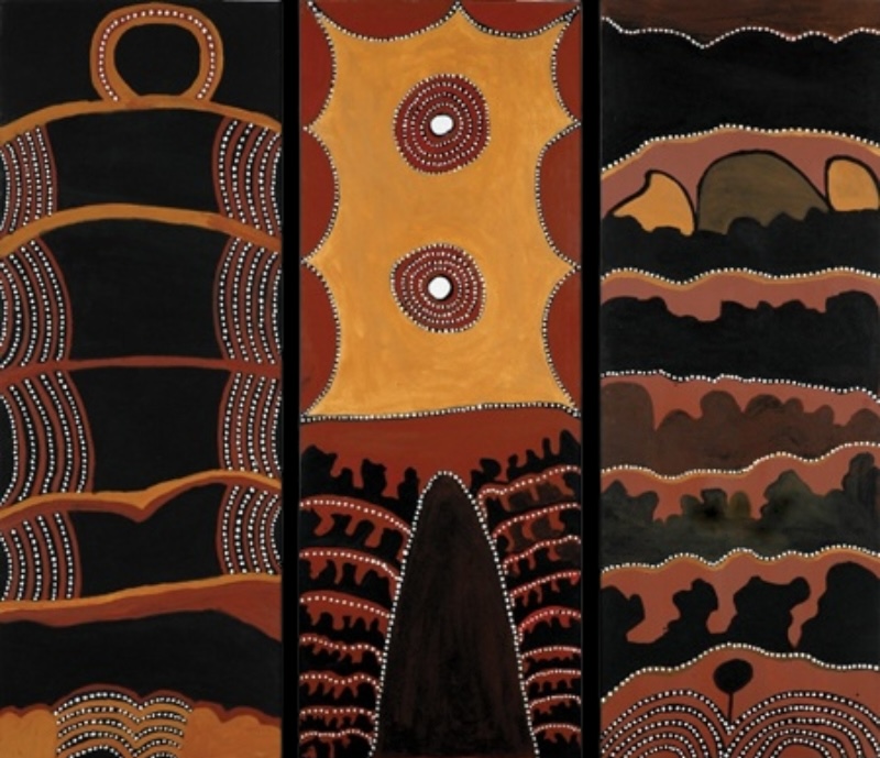 ack Britten’s 1998 triptych with three tall ochre panels showing sweeping dotted bands, concentric circles, a central dark rock form and layered Kimberley ranges.