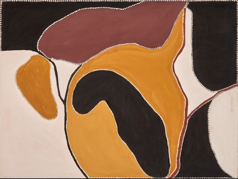 Freddie Timms Mandangala, North of Turkey Creek, 1990, ochre painting with sweeping yellow, black, white and reddish-brown fields outlined by white dots