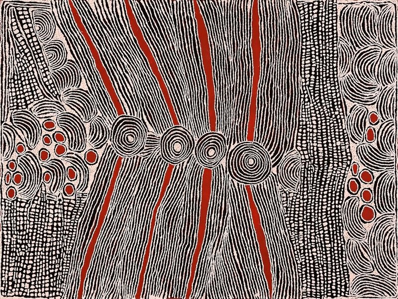 Large black, white and red Aboriginal painting by Ningura Napurrula with four concentric circles arranged in a horizontal row across the centre. Dense vertical bands of fine white lines and narrow red channels extend above and below the circles, while the sides contain grid-like fields, clusters of curved forms and groups of bright red ovals.