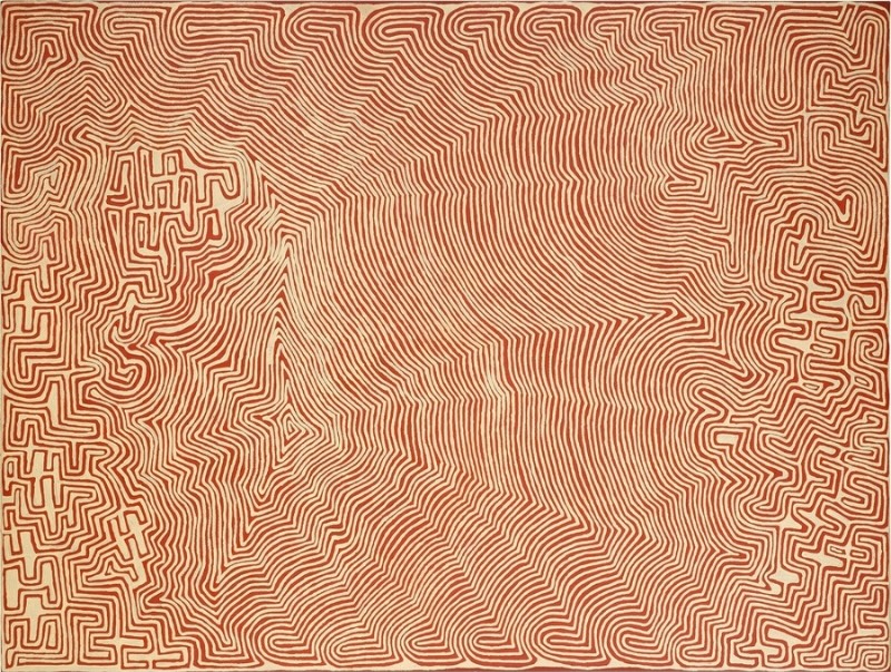 Ronnie Tjampitjinpa Ngarru 2008 painting, with dense red ochre parallel lines bending and converging into intricate geometric and maze-like forms across a cream ground.
