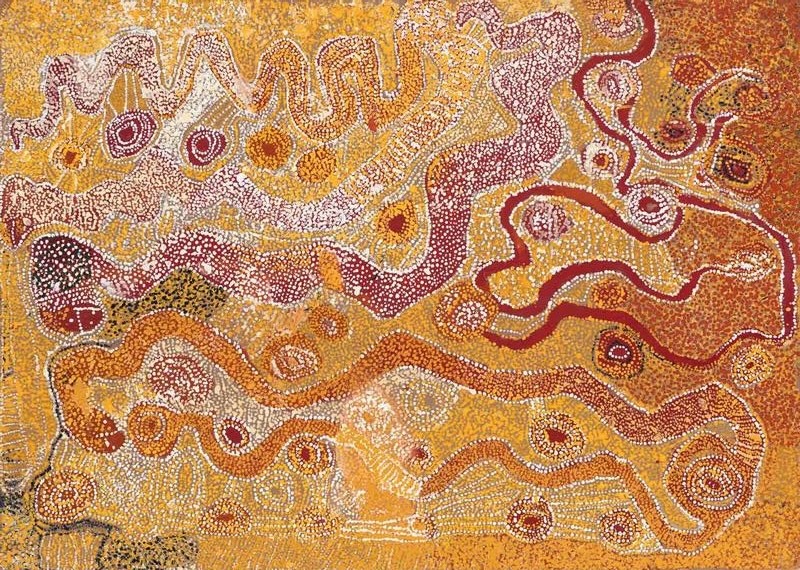 Wimmitji Tjapangarti's Artist's Country (Yirrawilli), with winding red and ochre ancestral pathways, circular waterhole forms and dense white, yellow and red dotting across the desert landscape.