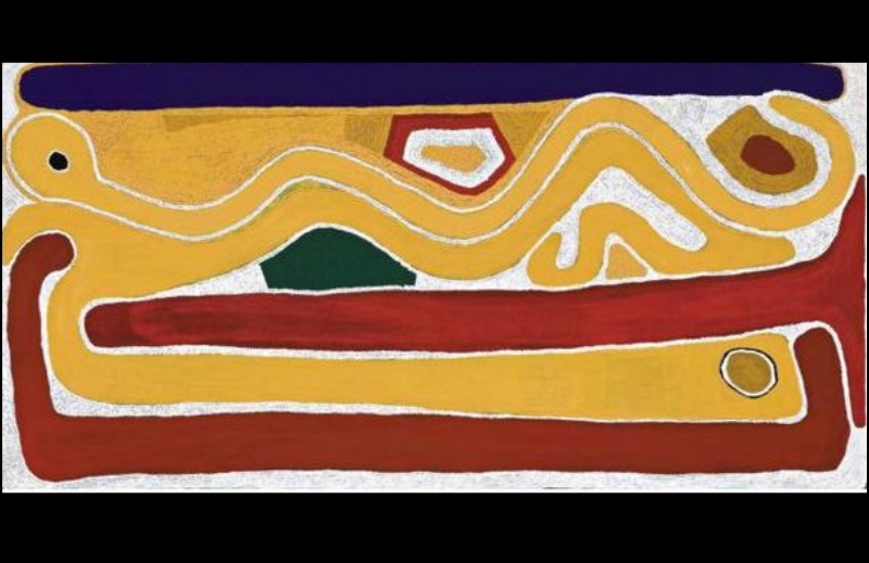 Sunfly Tjampitjin painting with long red and ochre pathways, curving yellow forms and geometric shapes representing Wanayarra the Rainbow Snake and Country.