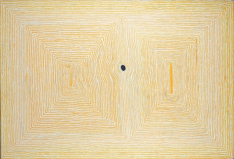Tjumpo Tjapanangka Wati Kutjarra 2000, with fine yellow parallel lines forming two large geometric fields around a small black central circle on a white ground.