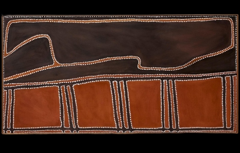 Rover Thomas painting of Country in black, dark brown and burnt orange ochre. A large irregular dark shape stretches across the upper half, outlined with reddish-brown bands and rows of white dots. Below it, five orange rectangular areas are separated by narrow vertical black bands, all bordered with white dotted lines.