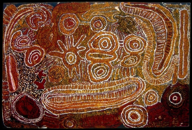 Wimmitji Tjapangarti's Water Dreaming, with concentric waterhole forms, elongated ceremonial shapes and dense white dotting across a red, ochre and brown ground.
