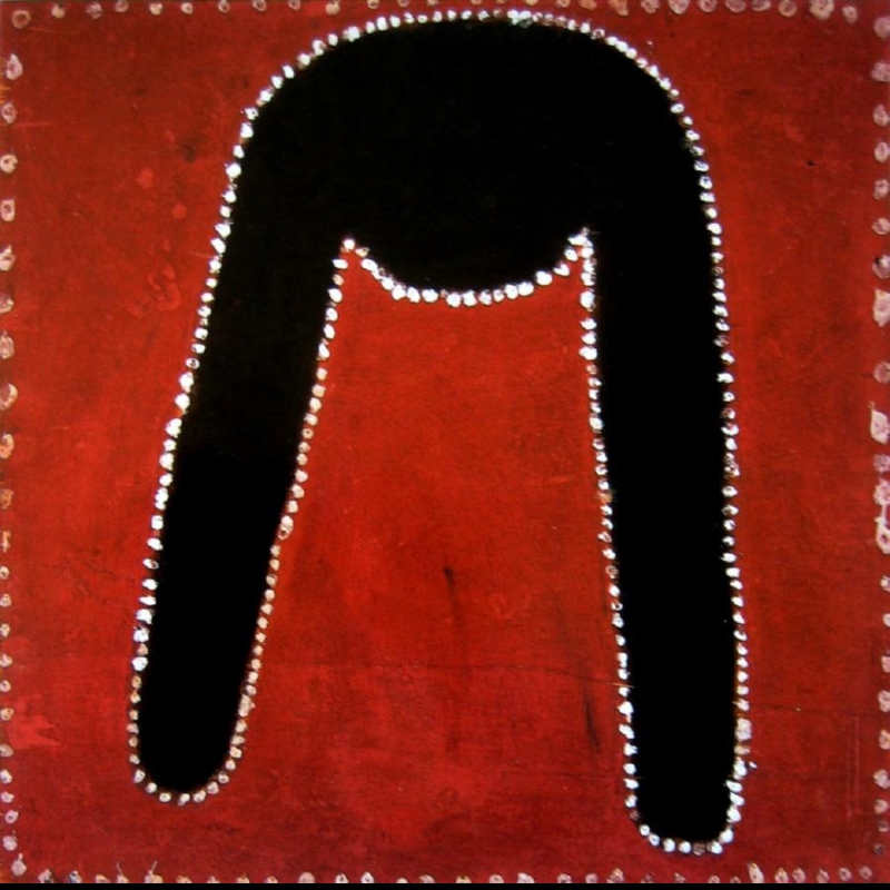 Ngumurli Warra (Cyclone Tracy) by Paddy Jaminji, 1983, a Krill Krill ceremonial painting in natural earth pigments on plywood.