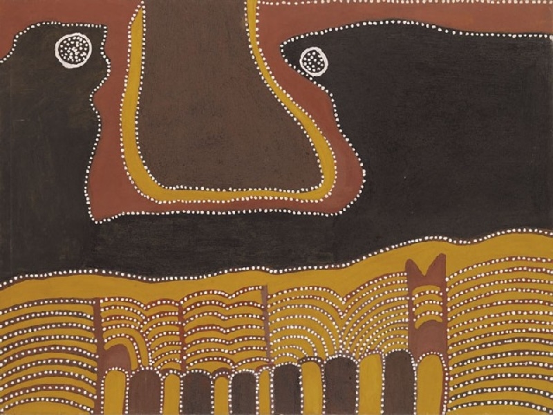 Narragorriny Gorge, 1998 by Jack Britten, with a large dark gorge form above layered yellow and brown ranges filled with curving rows of white dots.