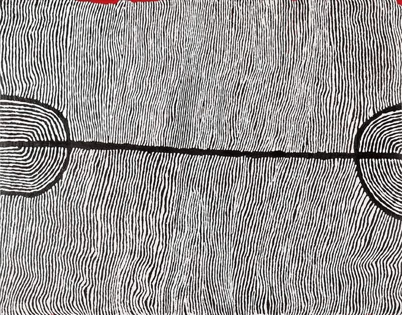 Black-and-white Judy Watson Napangardi painting with hundreds of fine vertical rippling lines divided by a strong horizontal black line connecting large concentric forms at either side.