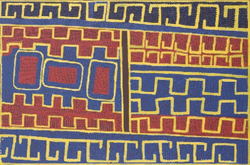 Boxer Milner’s Untitled (2002), with interlocking blue, red and yellow geometric lines, repeated hooked forms and three rectangular motifs arranged across a densely dotted composition.