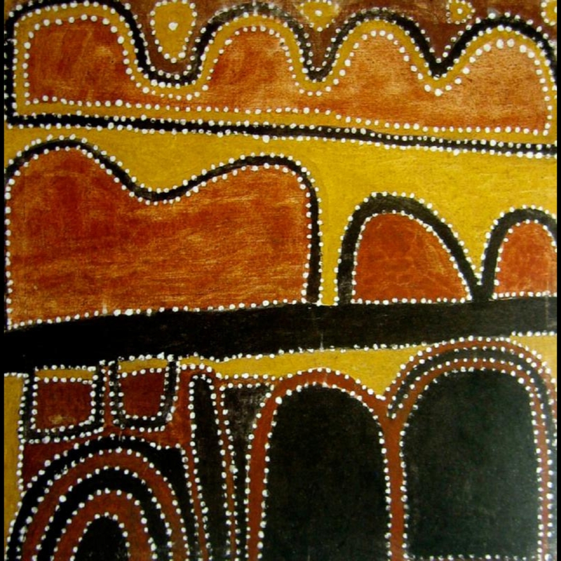 Pelican Dreaming by Paddy Jaminji, 1985, a Warmun painting in natural pigments depicting Dreaming Country including Pukulmirri and Jukulmirri hills.