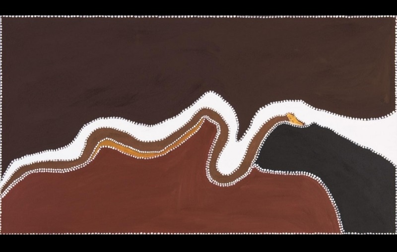Freddie Timms Galarun/Igorun, 1995, ochre painting of a Rainbow Serpent winding through brown, red, black and white fields of Kimberley Country