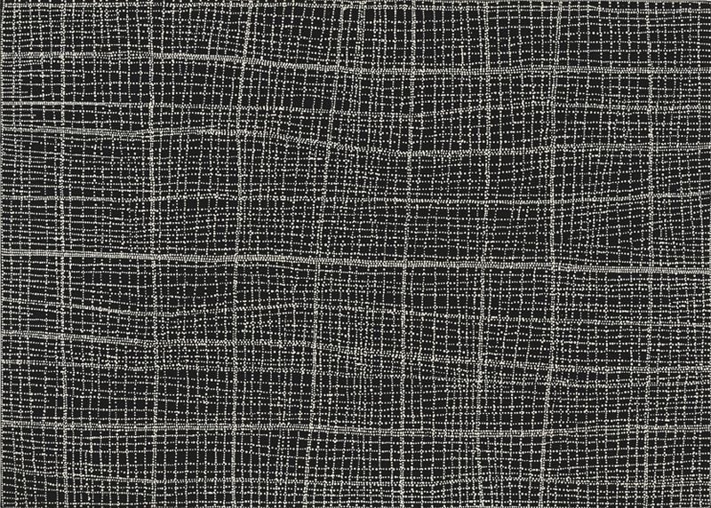 Dorothy Napangardi Mina Mina 2002 acrylic on linen featuring a refined black and white lattice of dotted pathways representing the salt pans and ancestral journeys at Mina Mina.