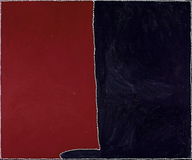 Minimalist Aboriginal painting divided into two large vertical rectangles. The left half is painted deep red and the right half solid black. A narrow black strip extends from the bottom of the central dividing line into the red section. Fine white dots outline the outer border and the line separating the two colour fields, creating a stark contrast between the red, black and white.