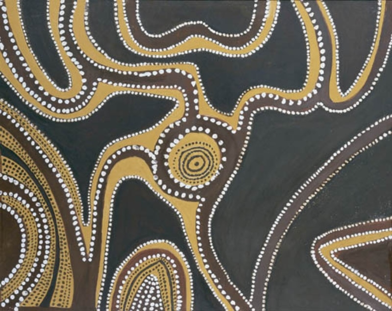 Jack Britten Untitled 1988 earth pigment painting with ochre landscape forms and white dotted outlines<br />
