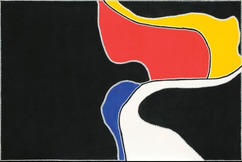 Freddie Timms Bloodwood Yard, Lissadell Country, 1996, ochre painting with black ground and bold red, yellow, blue and white landscape forms outlined with white dots