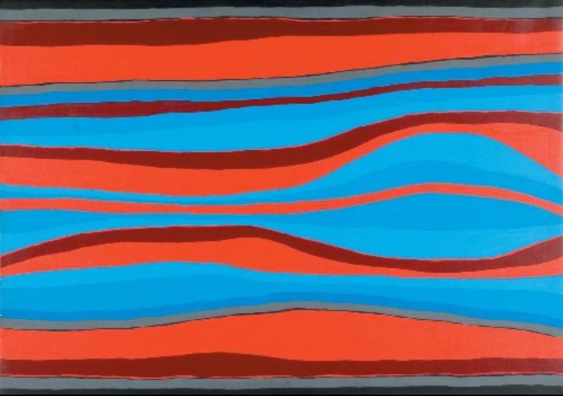 Turkey Tolson Tjupurrula Spear Dreaming at Illyingaungau 2001 Aboriginal painting with flowing bands of vivid blue, red and black representing the Spear Dreaming at Illyingaungau.