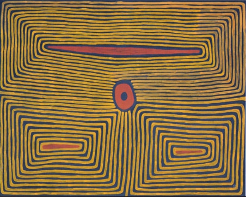 Ronnie Tjampitjinpa’s Untitled (1995), featuring dense parallel yellow and dark blue lines forming three large rectangular fields around elongated red central forms and a small central oval.