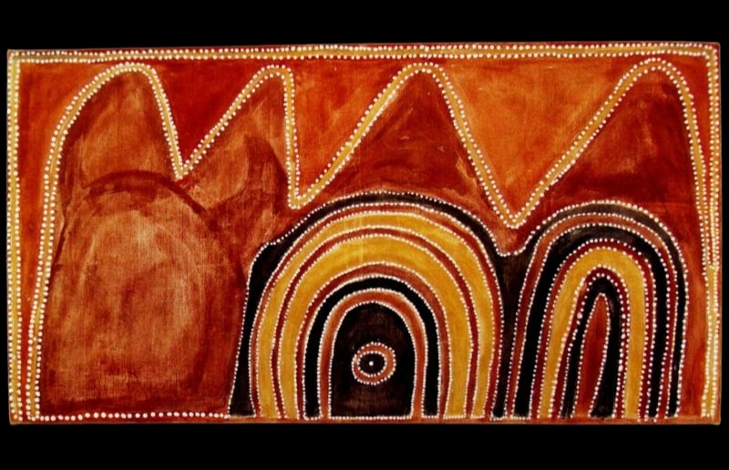 Goomana Wangun by Paddy Jaminji, 1986, an ochre painting depicting Lagunan Waterhole on the Chamberlain River at Bedford Downs Station.