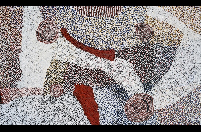 Rockholes Near the Olgas 2007 by Bill Whiskey Tjapaltjarri, depicting concentric rockholes within densely dotted Country near Kata Tjuta.