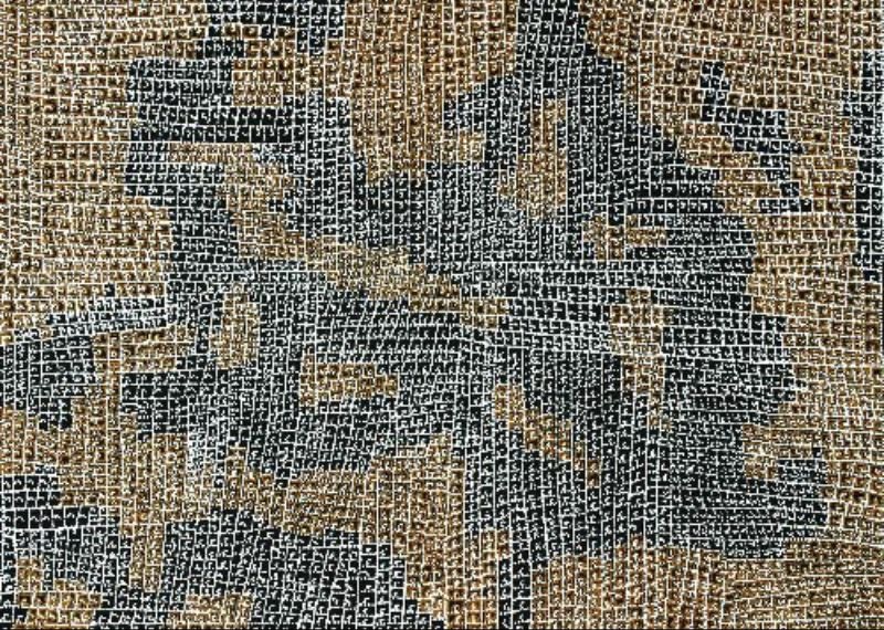 Dorothy Napangardi Mina Mina 1997 acrylic on Belgian linen featuring an early black and ochre grid representing the salt pans and ancestral pathways of Mina Mina.