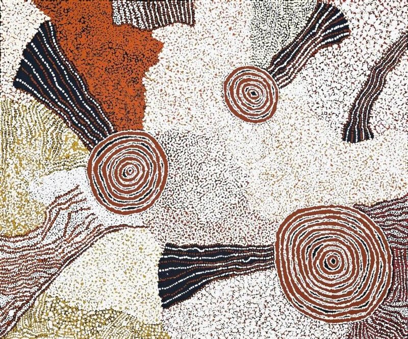 Rock Holes Near the Olgas 2008 by Bill Whiskey Tjapaltjarri, with three concentric rockholes amid densely dotted white, ochre and black Country.
