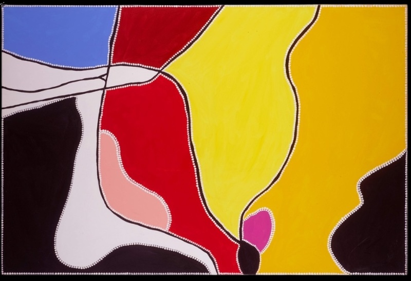 Freddie Timms Frog Hollow, 1997, painting with vivid yellow, red, blue, pink, black and white fields divided by dotted boundaries and black tracks