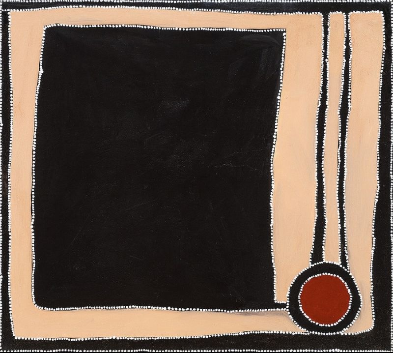 Abstract Aboriginal painting with a large black rectangle occupying the centre, surrounded by a broad pale cream border. On the right side, three narrow vertical cream bands run from the top to a red circle enclosed within a black ring near the lower right corner. Fine white dots outline every major shape and the outer border, creating a bold geometric composition in black, cream, red and white.
