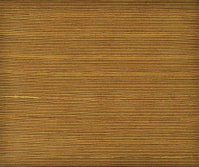 Turkey Tolson Tjupurrula Straightening Spears 1998 Aboriginal painting with finely painted horizontal dot bands creating a minimalist Pintupi composition inspired by ceremonial spear straightening.