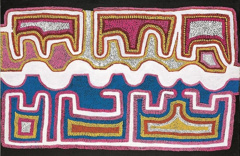 Boxer Milner’s Purkitji (Sturt Creek) (1998), with interlocking geometric forms in pink, yellow and white separated by a broad blue and white band across a black ground.