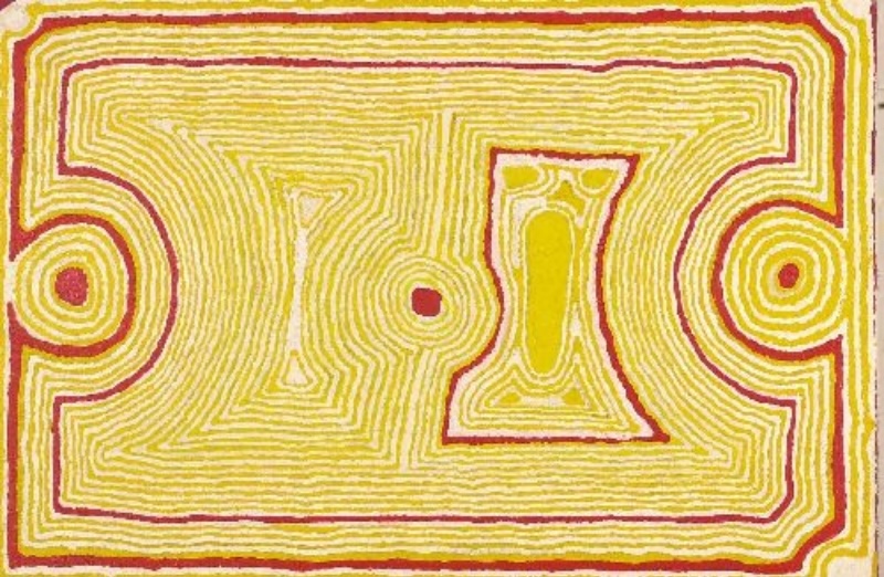 Tjumpo Tjapanangka Marboree 2000, with fine yellow and white parallel lines surrounding circular and geometric forms outlined in red.